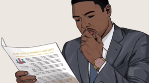 Businessman studying a document about probate procedures with a thoughtful expression.