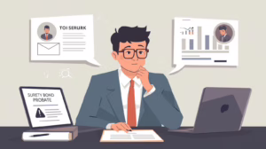 Business professional reviewing surety bond probate documents while analyzing financial and identity information on screen.