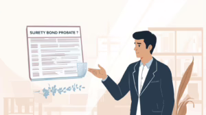 Executor or advisor pointing at a displayed document titled “Surety Bond Probate” during an explanation.