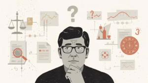 A man analyzing probate bond requirements with charts, documents, and timeline symbols surrounding him.