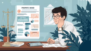 A professional examining a probate bond overview chart with scales of justice and financial graphics.