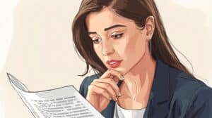 A professional woman thoughtfully reading probate bond documents, representing an executor reviewing estate payment obligations.