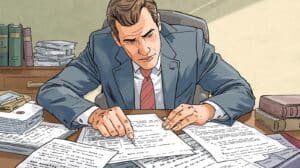 A lawyer or estate administrator carefully examining legal paperwork related to probate bond reimbursement and court filings.