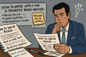 Illustration of a man in a suit reviewing probate documents with confused, jumbled text around him, symbolizing the complexity of probate bond paperwork.