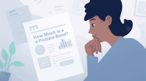 Woman thoughtfully examining paperwork detailing how much a probate bond costs.