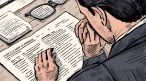 Illustration of a man closely reviewing probate bond documents at his desk, symbolizing the complexity of probate requirements.