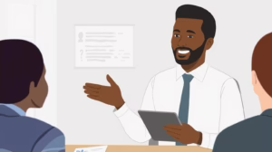 Advisor holding a tablet and explaining probate bond requirements to clients in a meeting.