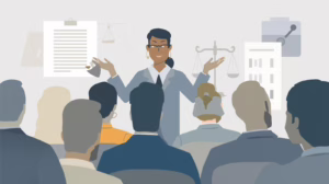 Illustration of a presenter teaching an audience about probate bond legal requirements with icons of scales, documents, and paperwork.