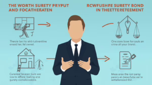 Illustration of a professional explaining the probate surety bond process with icons showing estate protection and legal requirements.