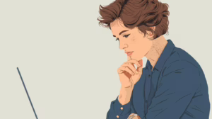 Illustration of a woman reviewing probate documents on a laptop while concentrating on legal and financial details.