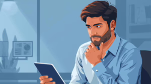 Man thoughtfully reviewing information on a tablet while researching where to get a probate bond near me.