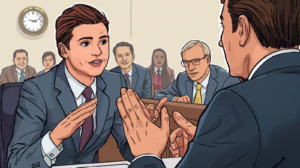 Business professional in a meeting discussing probate bond requirements with colleagues observing.