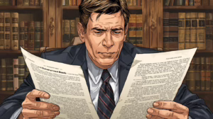 Middle-aged man in a suit carefully reviewing probate court bond documents inside a law library.