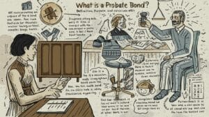 A hand-drawn style illustration showing people discussing estate administration, representing the concept of probate bonds and fiduciary duties.