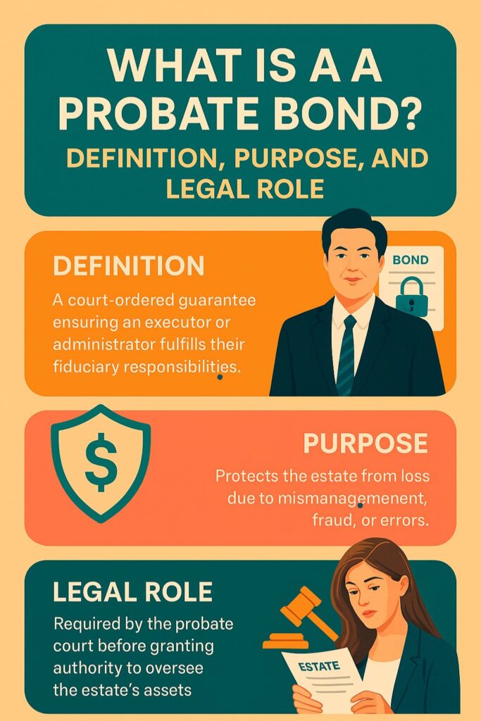 A professional infographic explaining what is a probate bond, highlighting its definition, purpose, and legal role for executors and administrators.
