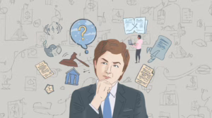 Man in a suit thinking through probate bond requirements while surrounded by legal paperwork, court symbols, and question marks.