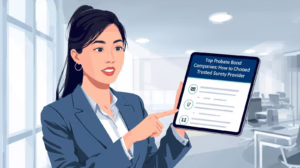 Professional woman presenting a tablet displaying a guide on how to choose trusted probate bond companies and surety providers.
