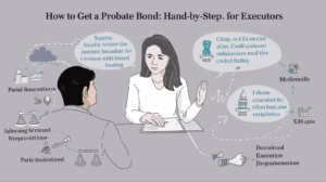 Illustration of a woman explaining the probate bond steps to an executor with symbolic legal icons around them.