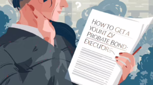 Illustration of a woman reviewing detailed probate bond instructions while surrounded by symbolic legal graphics.