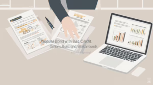 Workspace showing spreadsheets, charts, and probate bond documents, illustrating evaluation of options for a probate bond with bad credit.