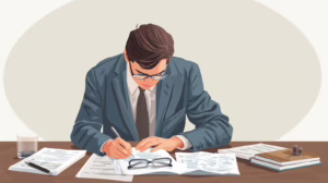 Illustration of a businessman filling out probate bond paperwork at a desk.