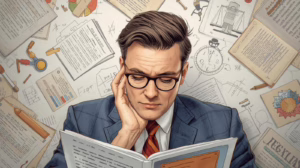 Illustration of a man reading legal documents with charts, forms, and probate materials around him.