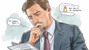 Illustration of a concerned businessman reading probate documents while thinking about surety bond requirements.