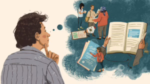 Illustration of a person thinking through probate paperwork and the steps involved in the bond waiver probate process.