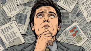 Man surrounded by paperwork considering how to obtain a probate bond with a low credit score.
