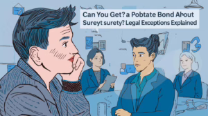 Illustration of a professional explaining probate bond requirements to two individuals during a legal consultation.