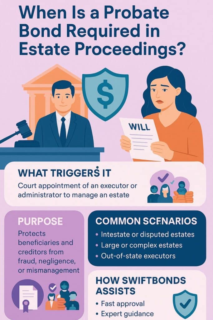 An infographic explaining when a probate bond is required in estate proceedings, showing triggers, purposes, and Swiftbonds’ assistance.