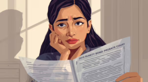 Concerned woman reading a surety bond probate court document while thinking about executor responsibilities.