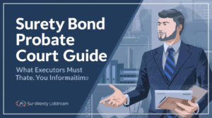 Executor in business attire reviewing probate paperwork and considering surety bond requirements.