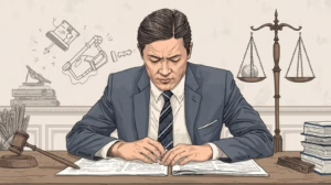 Attorney reviewing probate documents at a desk with legal scales symbolizing probate bond requirements.
