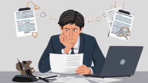 Executor stressed while examining probate paperwork and legal forms during the estate process.
