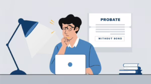 Worried executor examining probate paperwork surrounded by floating legal documents and a laptop.