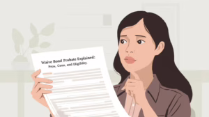 Concerned woman reading a “Waive Bond Probate Explained” document during the probate process.
