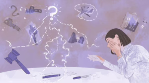 Illustration of a woman overwhelmed by probate paperwork and legal uncertainty surrounding bond waivers.