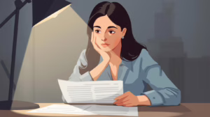 Concerned woman reviewing probate documents at her desk under a desk lamp.