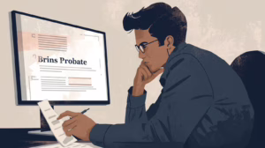 Man analyzing probate paperwork on a computer screen during estate administration.