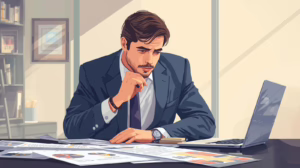 Business professional analyzing charts and paperwork related to probate and financial bonding obligations.