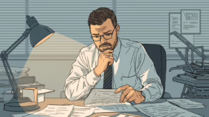 Attorney carefully examining probate files under a desk lamp while determining bond compliance requirements.