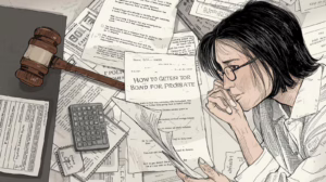 Stressed woman examining probate bond paperwork surrounded by legal documents and a gavel.