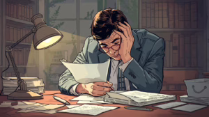 Man studying probate bond requirements at a cluttered desk filled with forms and legal notes.