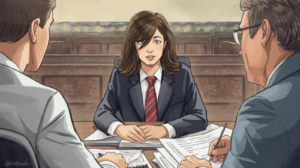 Professional woman meeting with two advisors in a probate court setting reviewing estate documents.