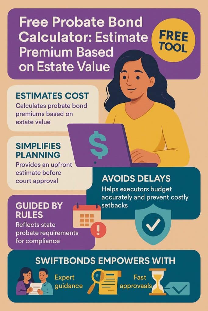 Illustrated infographic explaining how the free probate bond calculator helps estimate premiums based on estate value, showing benefits like cost estimation, simplified planning, and expert Swiftbonds support.