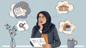 Woman in a hijab reviewing probate documents while thinking about court, requirements, and probate bond insurance.