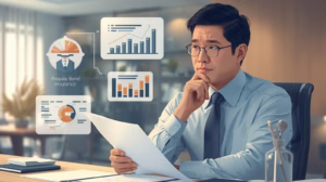 Man in an office analyzing financial charts and probate bond insurance details while holding paperwork.