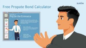 Animated professional man presenting an online free probate bond calculator interface on a computer screen, highlighting how users can estimate probate bond costs efficiently.
