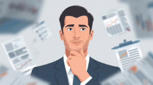 Business professional thinking while surrounded by floating financial documents and reports representing research on probate bond companies.